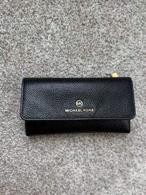Michael Kors Black Pebbled Leather Continental Wallet with Gold Logo